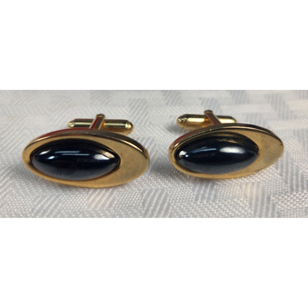 Vintage 1950s Anson Gold Tone Black Onyx Cabochon Oval Cufflinks Mid Century MCM